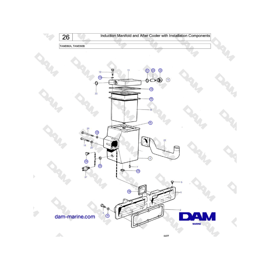 Volvo Penta TAMD60A, TAMD60B: colector de inducción y posenfriador con componentes de instalación