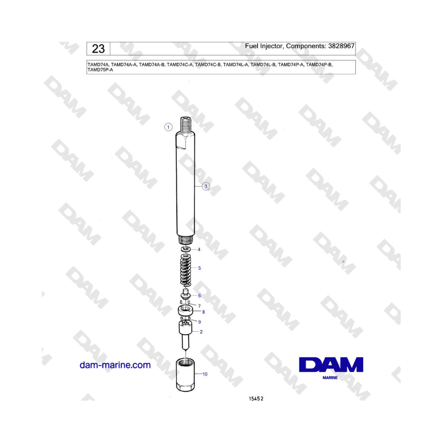 Volvo Penta TAMD74 - Inyector de combustible, componentes: 3828967