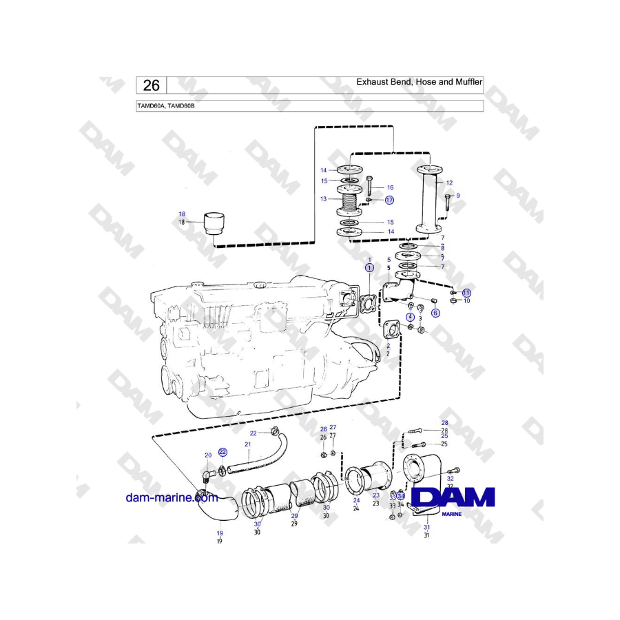 Volvo Penta TAMD60A, TAMD60B - Codo de escape, manguera y silenciador