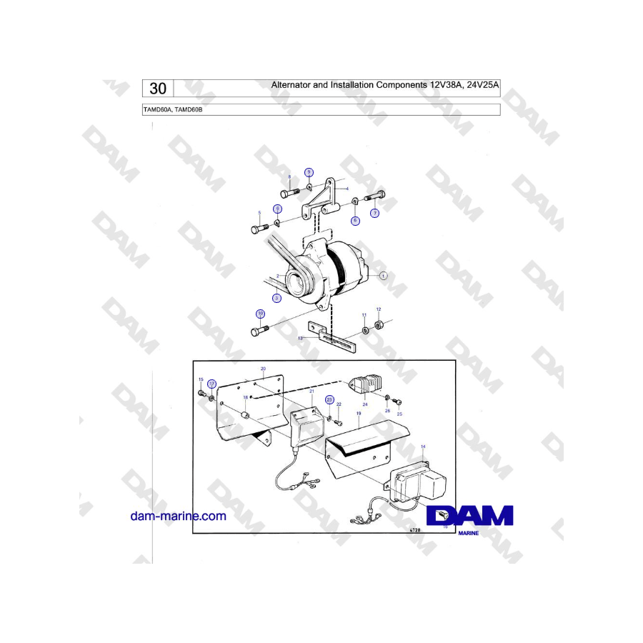 Volvo Penta TAMD60A, TAMD60B - Alternador y componentes de instalación 12V38A, 24V25A