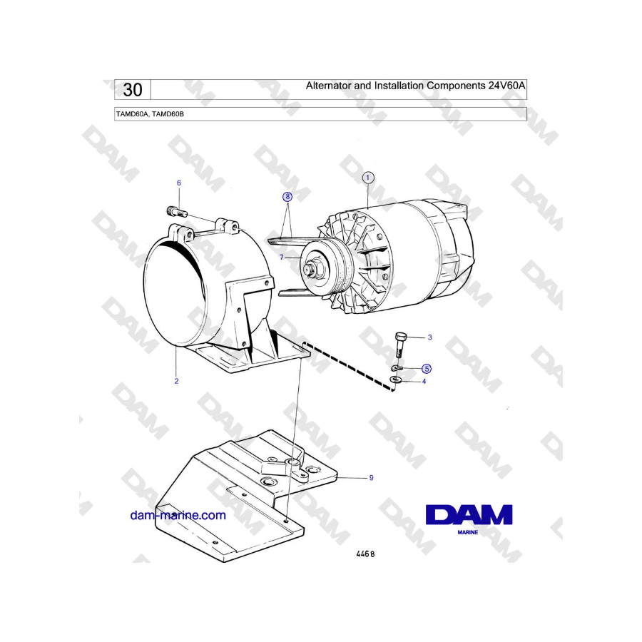 Volvo Penta TAMD60A, TAMD60B - Alternador y componentes de instalación 24V60A