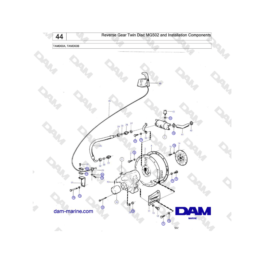 Volvo Penta TAMD60A, TAMD60B - Marcha atrás Twin Disc MG502 y componentes de instalación