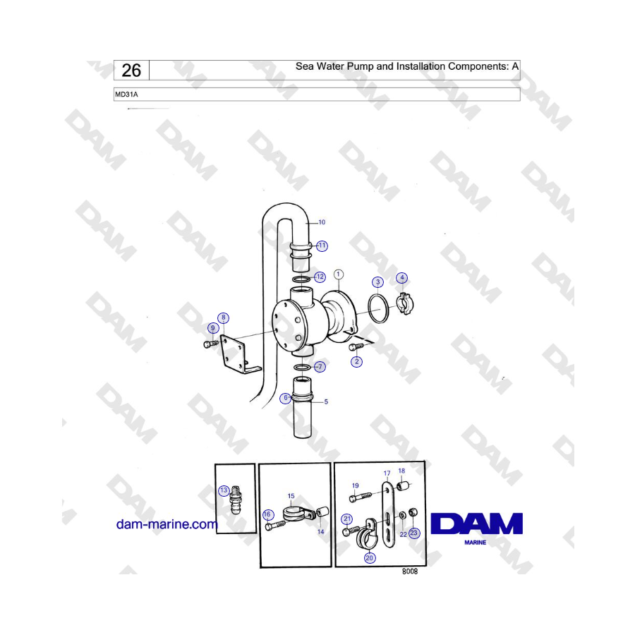 Volvo Penta MD31A - Bomba de agua de mar y componentes de instalación: A