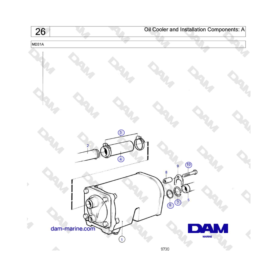 Volvo Penta MD31A - Enfriador de aceite y componentes de instalación: A