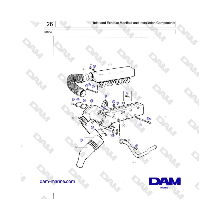 Volvo Penta MD31A - Múltiple de admisión y escape y componentes de instalación