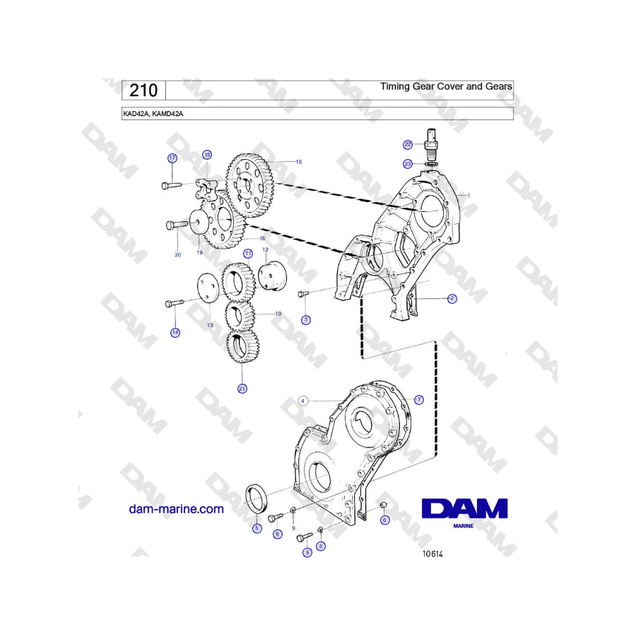 Volvo Penta KAD42A, KAMD42A - Cubierta y engranajes de distribución