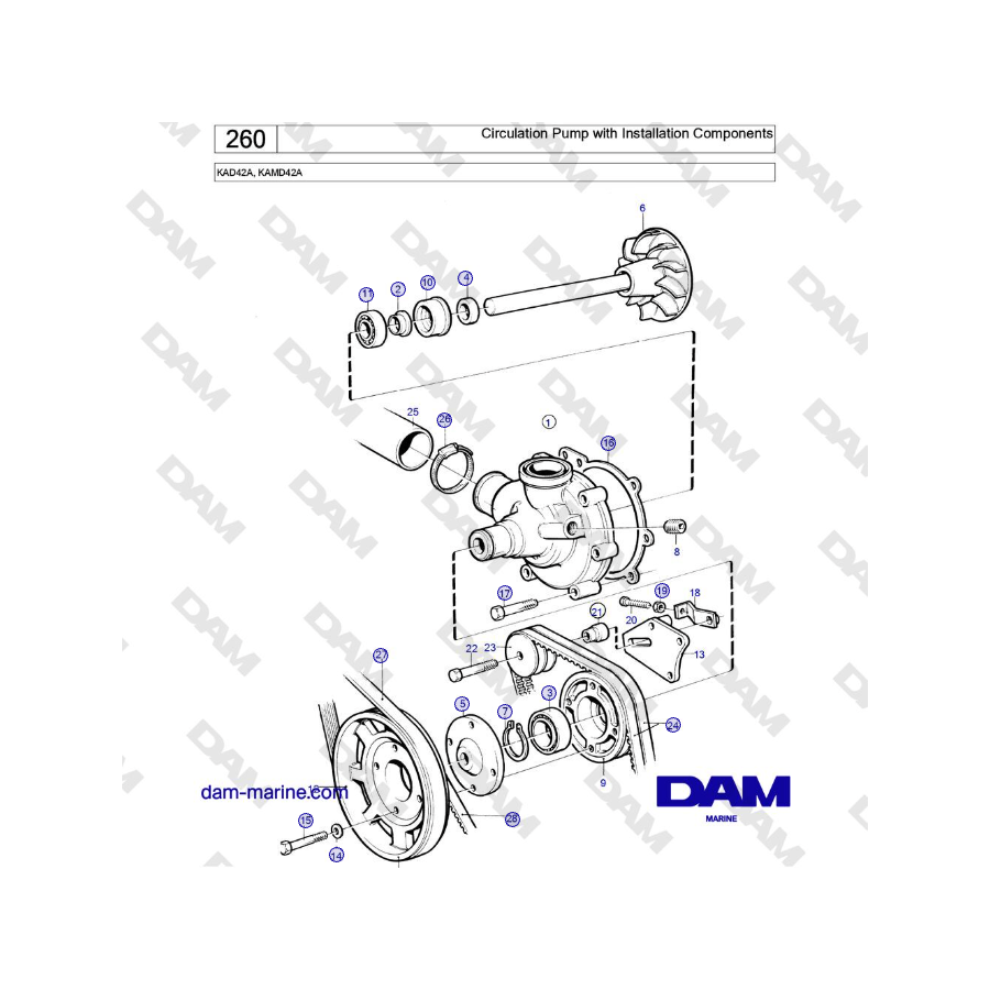 Volvo Penta KAD42A, KAMD42A - Circulation Pump with Installation Components