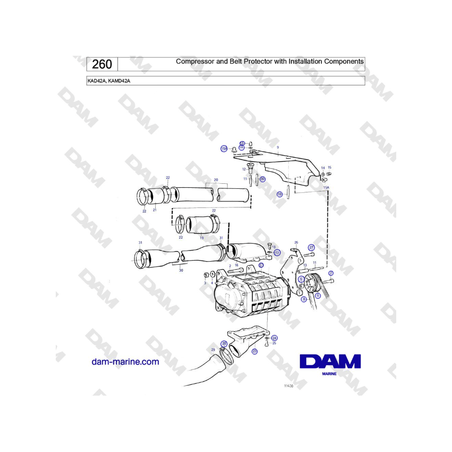 Volvo Penta KAD42A, KAMD42A - Compresor y protector de correa con componentes de instalación