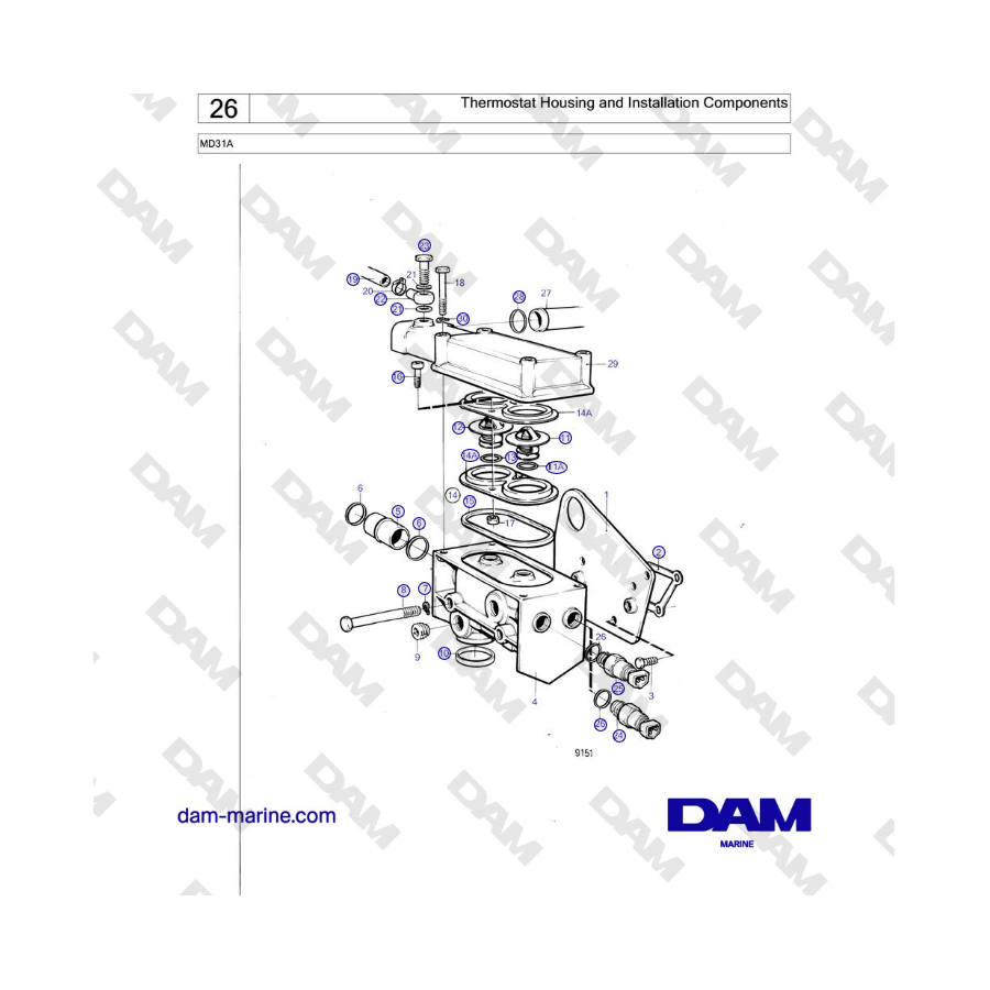 Volvo Penta MD31A - Carcasa del termostato y componentes de instalación