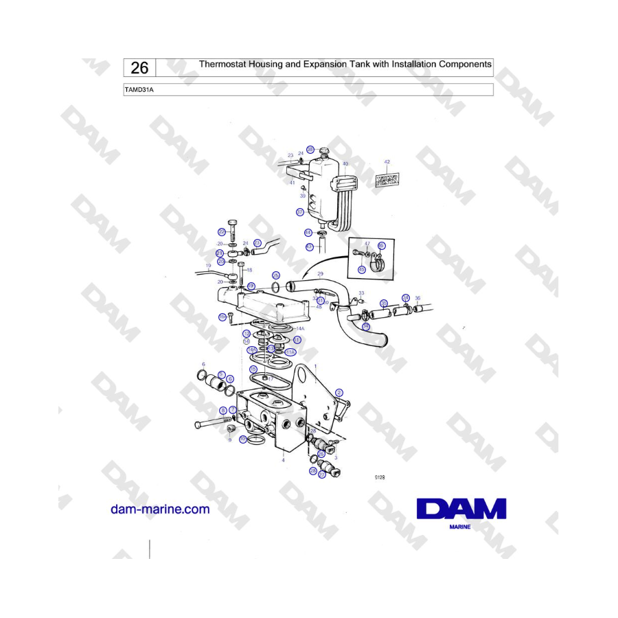 Volvo Penta TAMD31A - Caja de termostato y depósito de expansión con componentes de instalación