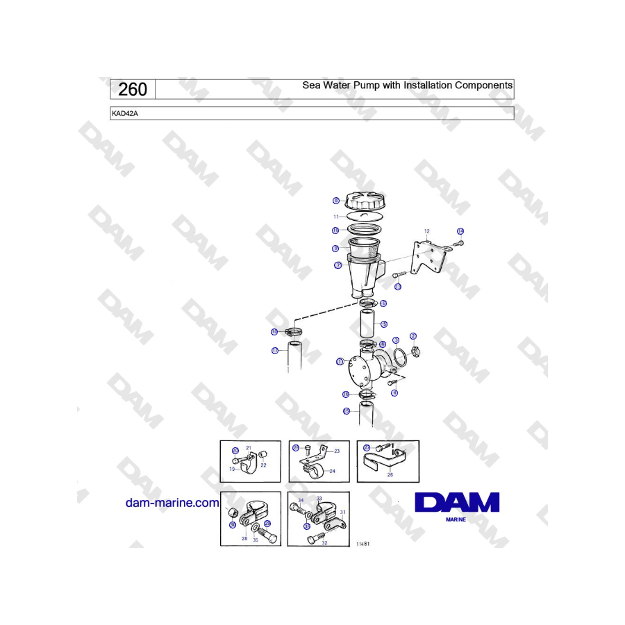 Volvo Penta KAD42A - Sea Water Pump with Installation Components