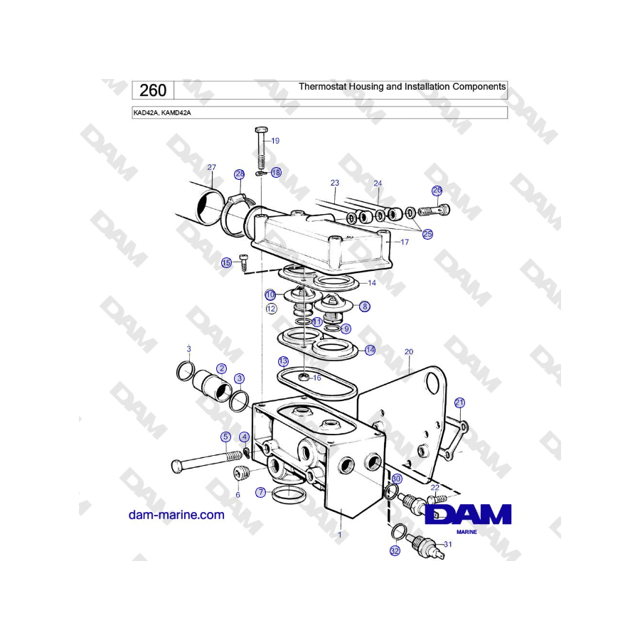 Volvo Penta KAD42A, KAMD42A - Carcasa del termostato y componentes de instalación