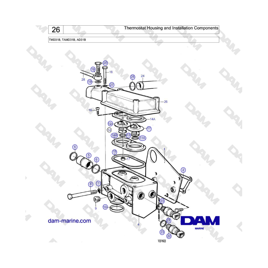 Volvo Penta TMD31B / TAMD31B - Carcasa del termostato y componentes de instalación