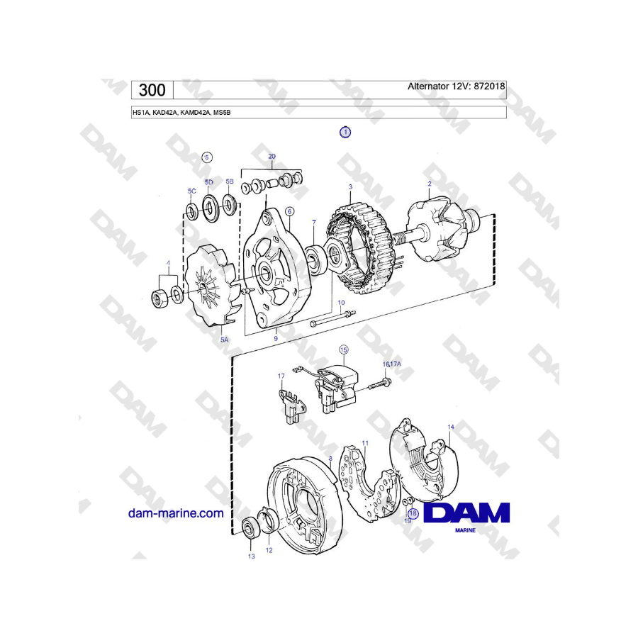 Volvo Penta HS1A, KAD42A, KAMD42A, MS5B - Alternator 12V: 872018