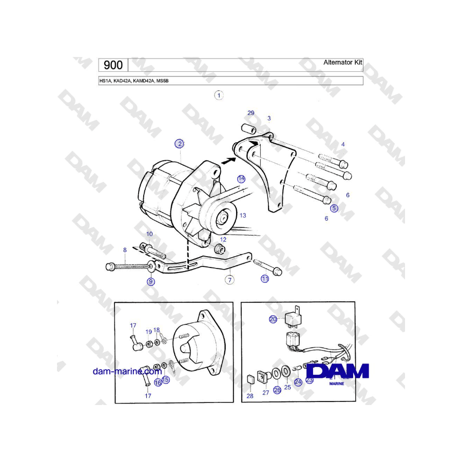 Volvo Penta HS1A, KAD42A, KAMD42A, MS5B - Alternator Kit