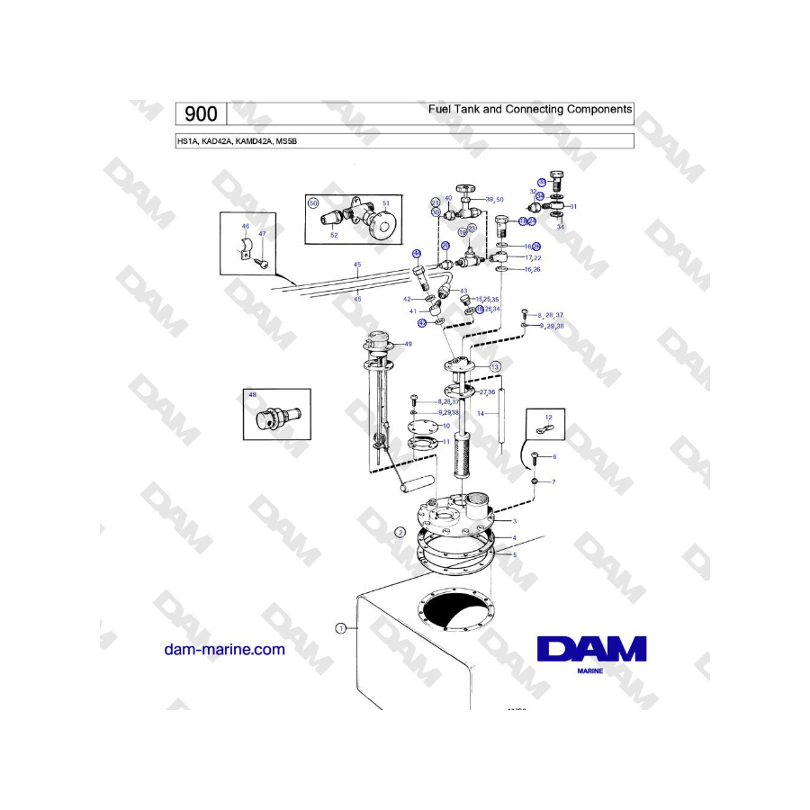 Volvo Penta HS1A, KAD42A, KAMD42A, MS5B - Depósito de combustible y componentes de conexión