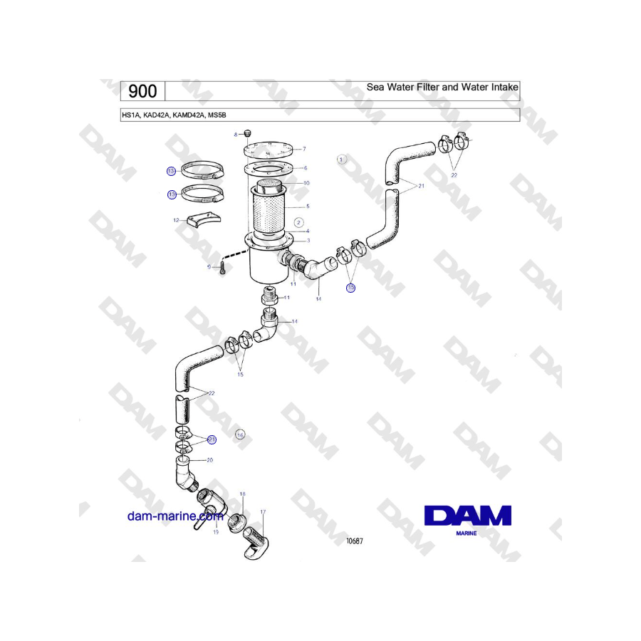 Volvo Penta HS1A, KAD42A, KAMD42A, MS5B - Sea Water Filter and Water Intake