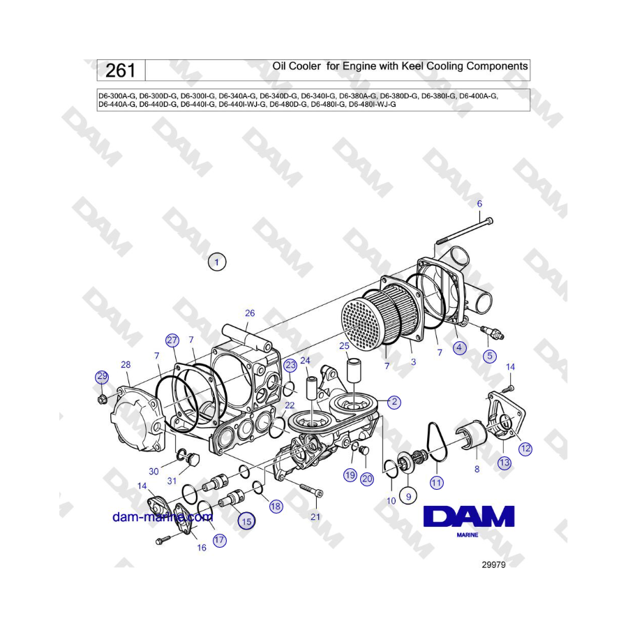 Volvo Penta D6-440 - Enfriador de aceite para motor con componentes de enfriamiento de quilla