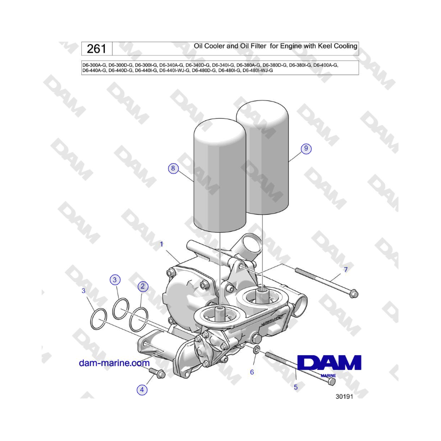 Volvo Penta D6-440 - Enfriador de aceite y filtro de aceite para motor con enfriamiento de quilla