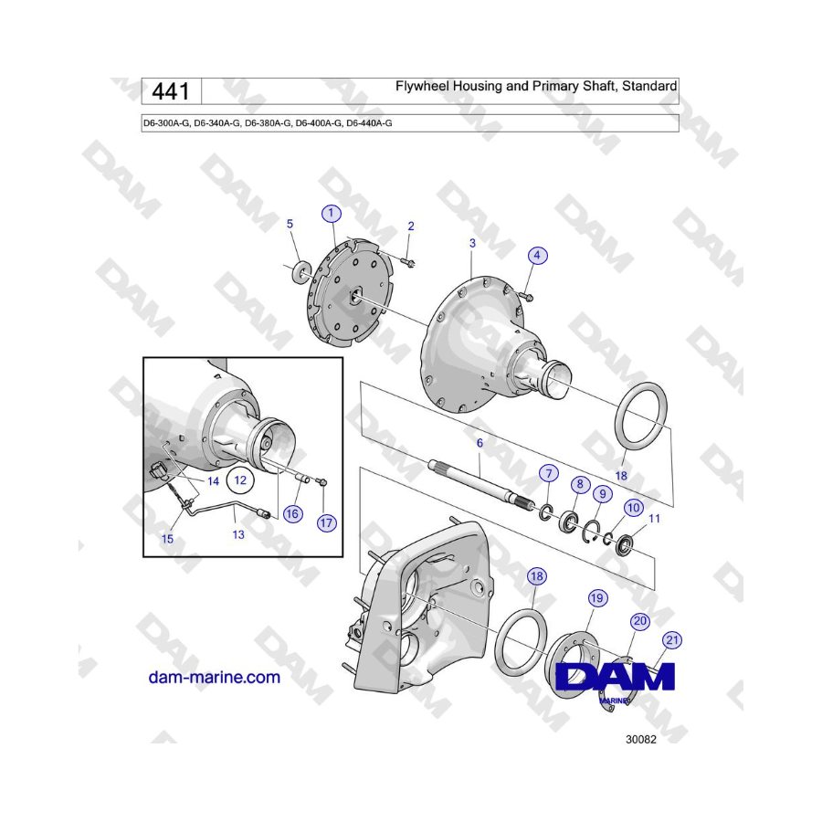 Volvo Penta D6-440 - Caja del volante y eje primario, estándar