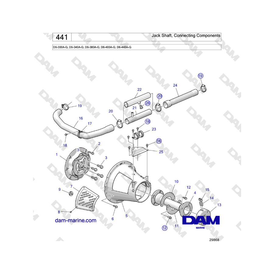 Volvo Penta D6-440 - Eje del gato, componentes de conexión