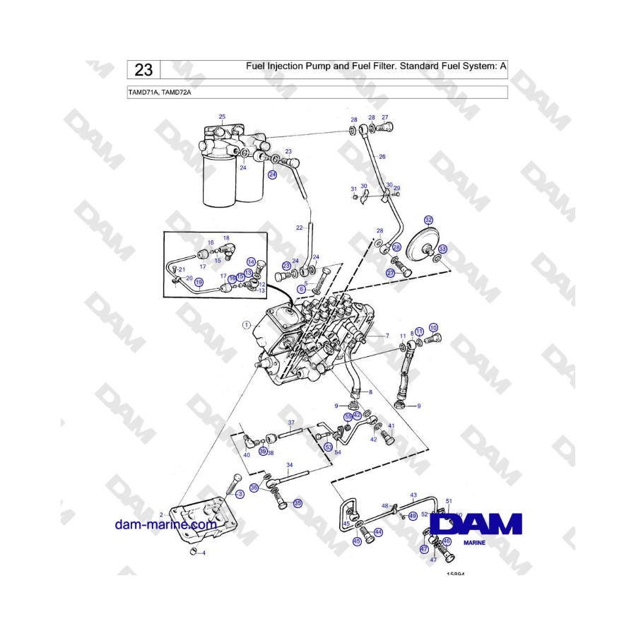 Volvo Penta TAMD71A - Bomba de inyección de combustible y filtro de combustible. Sistema de combustible estándar: A