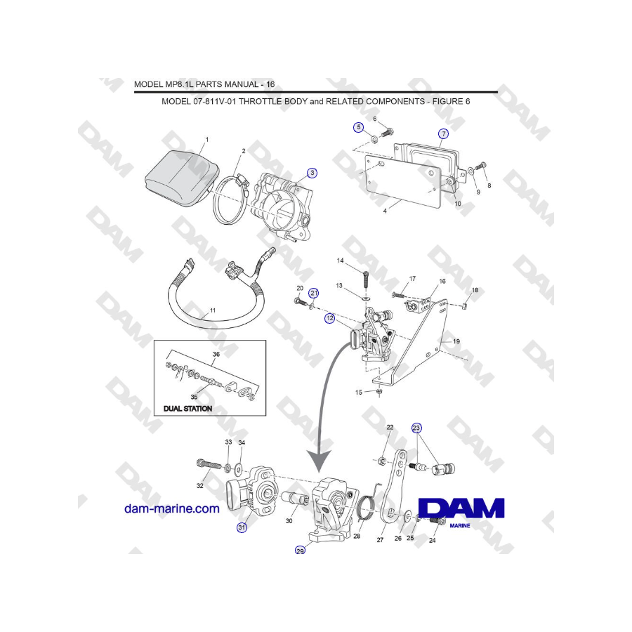 Crusader MP 8.1L (SN 670001) - MODEL 07-811V-01 THROTTLE BODY and RELATED COMPONENTS