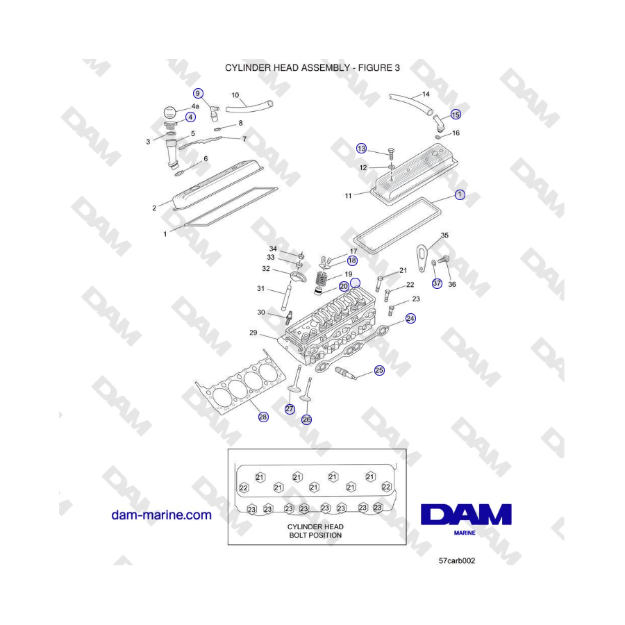 Crusader 5.7L Carburetor Classic Series (1999-2005 MY) - CYLINDER HEAD ASSEMBLY