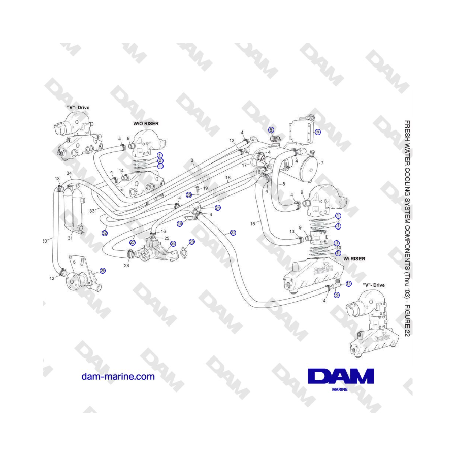 Crusader 5.7L Carburetor Classic Series (1999-2005 MY) - COMPONENTES DEL SISTEMA DE ENFRIAMIENTO DE AGUA DULCE (Hasta 2003)