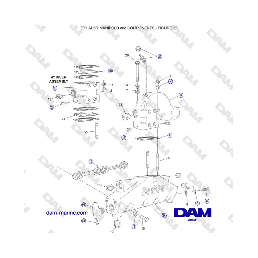 Crusader 5.0L / 5.7L 2002-2005 MY - EXHAUST MANIFOLD and COMPONENTS