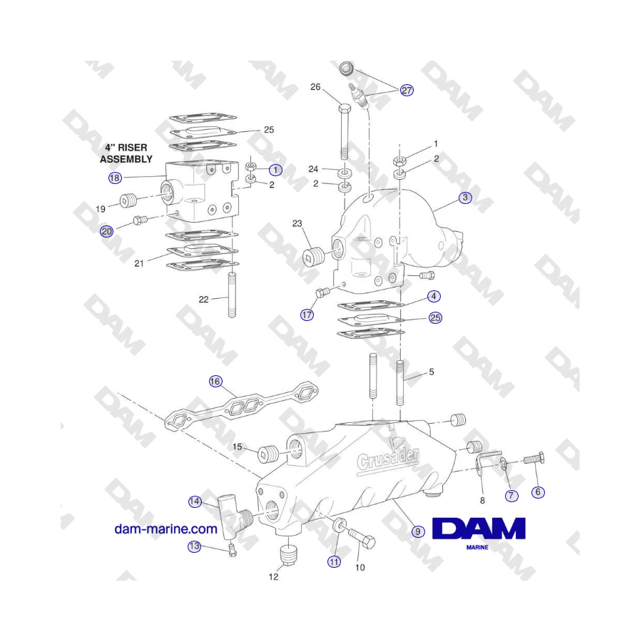 Crusader MP5.0/5.7L SN 670001 a 671633 - COLECTOR DE ESCAPE y COMPONENTES