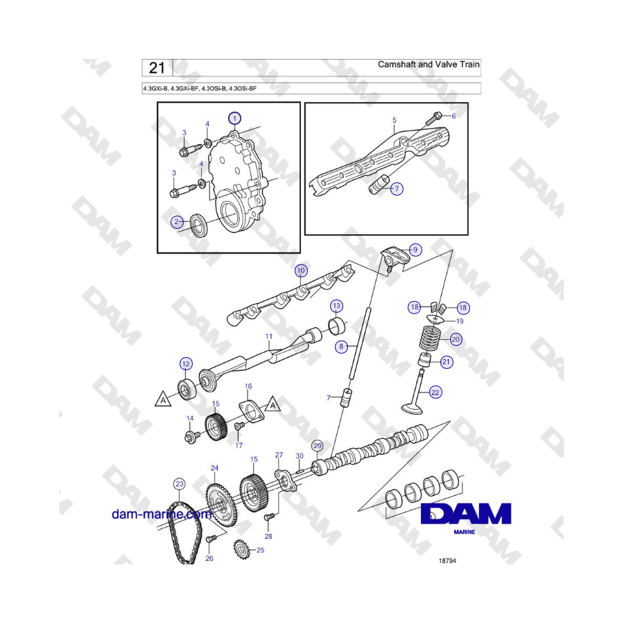 Volvo Penta 4.3L GXI-B - Árbol de levas y tren de válvulas