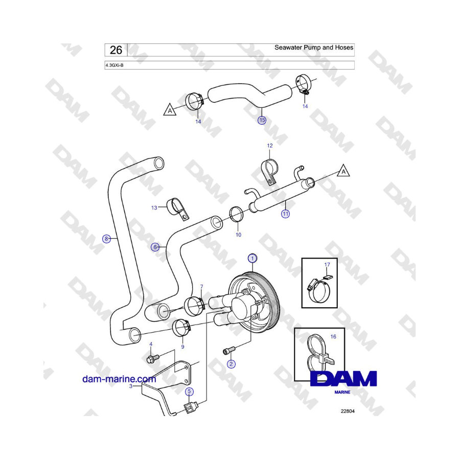 Volvo Penta 4.3L GXI-B - Bomba de agua de mar y mangueras