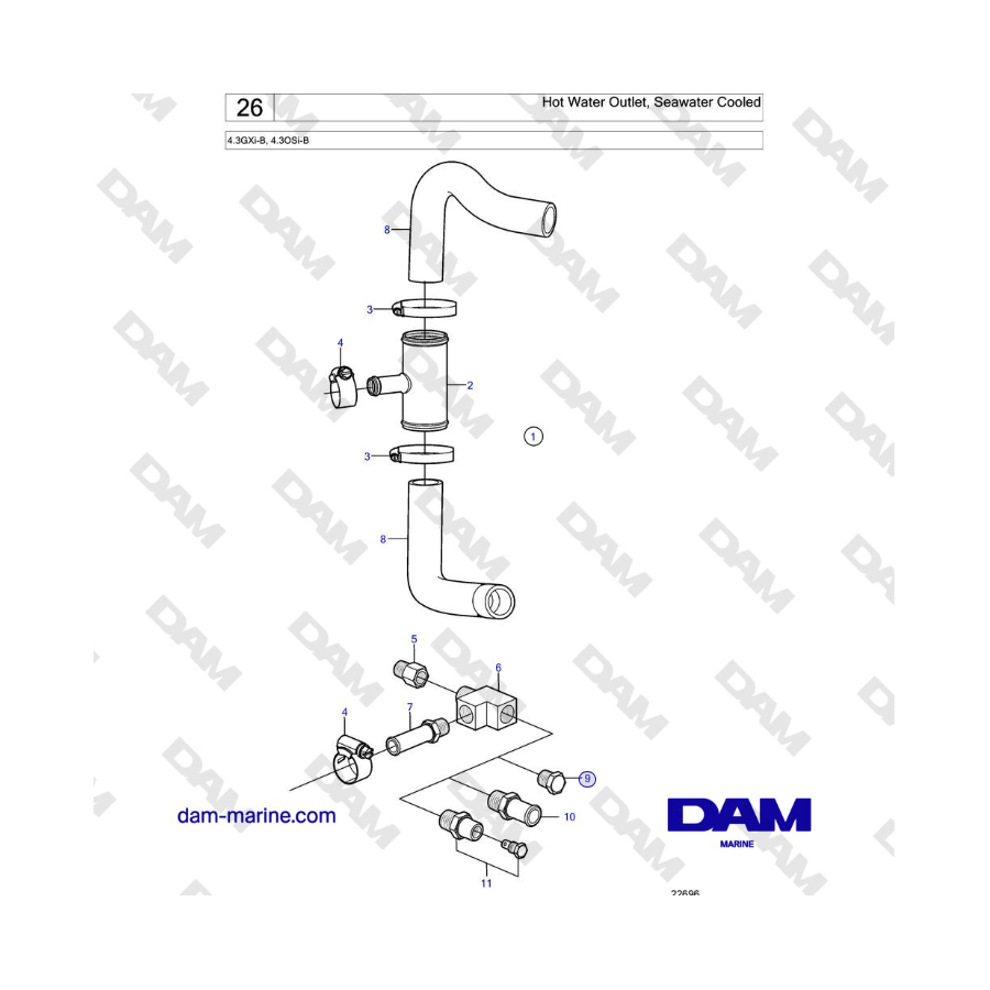 Volvo Penta 4.3L GXI-B - Salida de agua caliente, enfriado por agua de mar