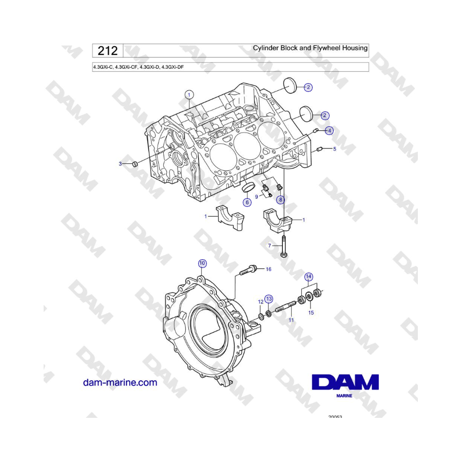 Volvo Penta 4.3L GXI-C - Bloque de cilindros y carcasa del volante