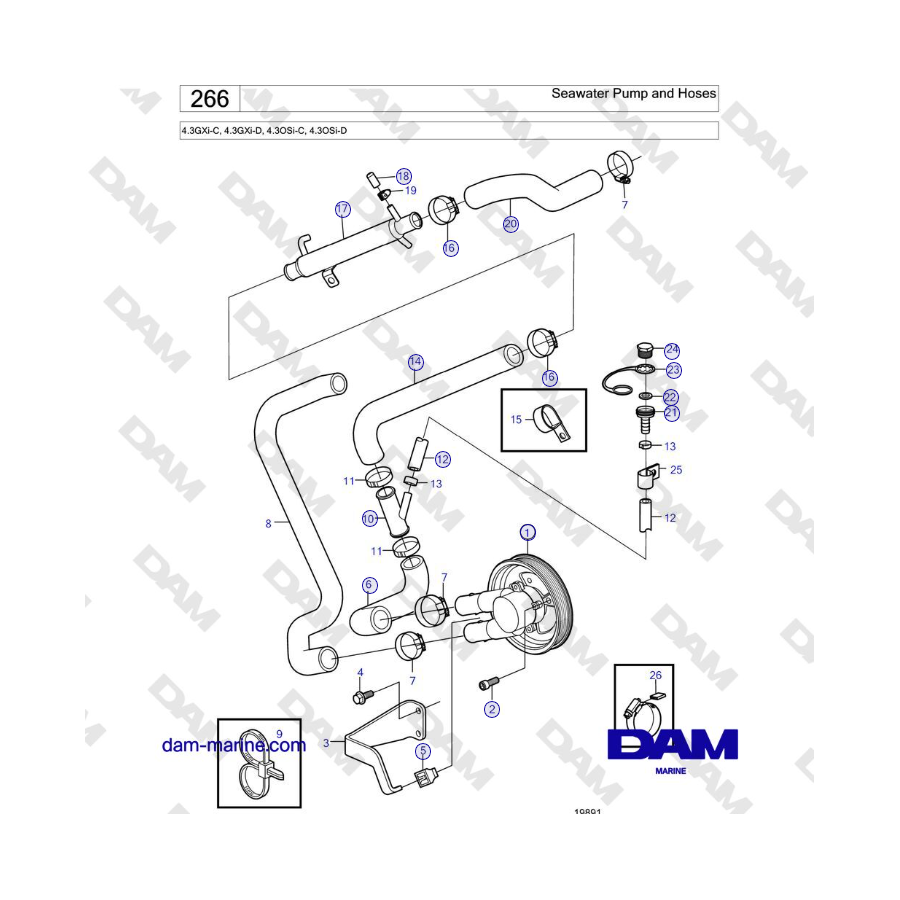 Volvo Penta 4.3L GXI-C - Bomba de agua de mar y mangueras