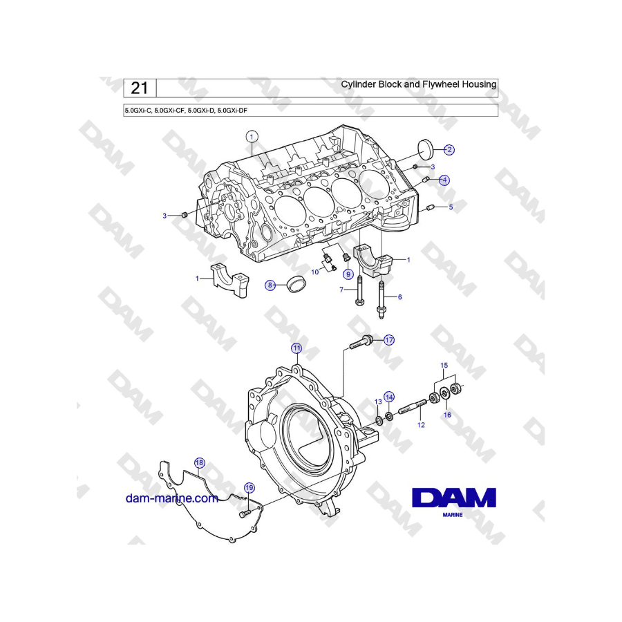 Volvo Penta 5.0GXi-C, 5.0GXi-CF, 5.0GXi-D, 5.0GXi-DF - Bloque de cilindros y carcasa del volante