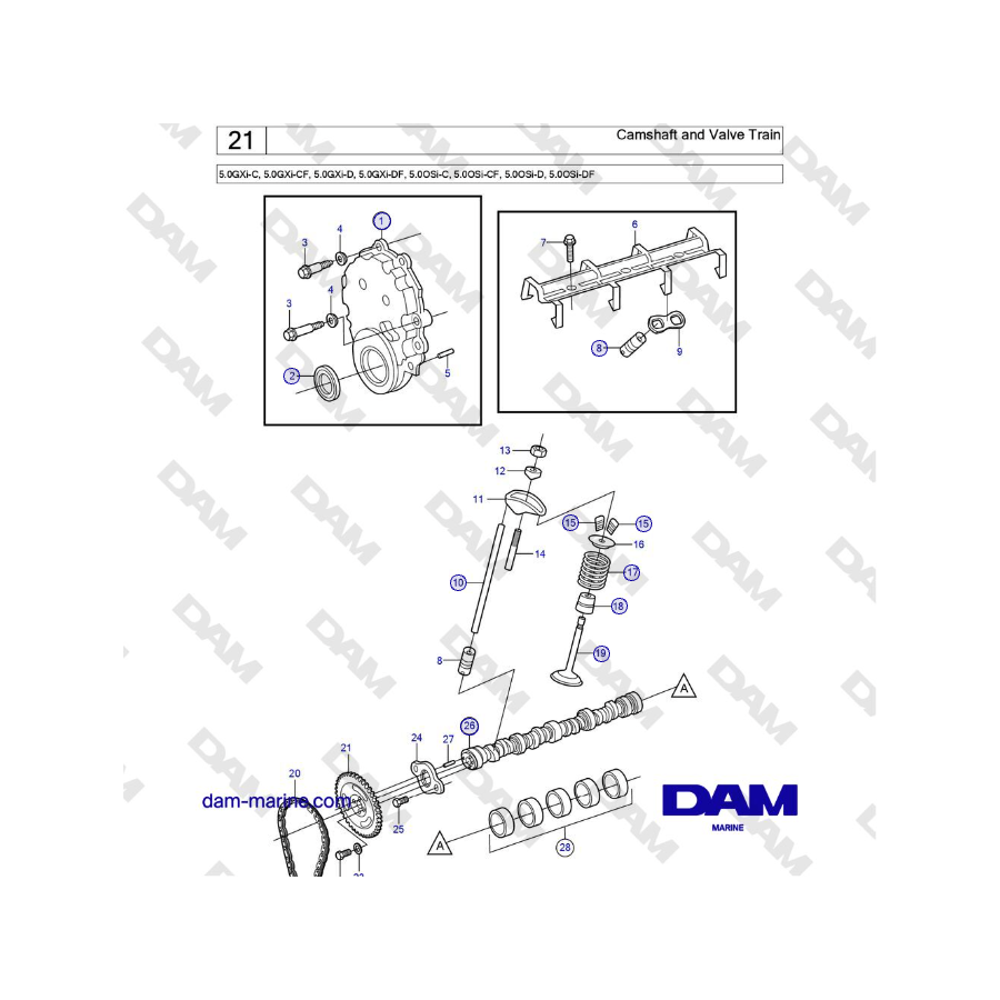 Volvo Penta 5.0GXi-C, 5.0GXi-CF, 5.0GXi-D, 5.0GXi-DF, 5.0OSi-C, 5.0OSi-CF, 5.0OSi-D, 5.0OSi-DF - Árbol de levas y tren de válvul