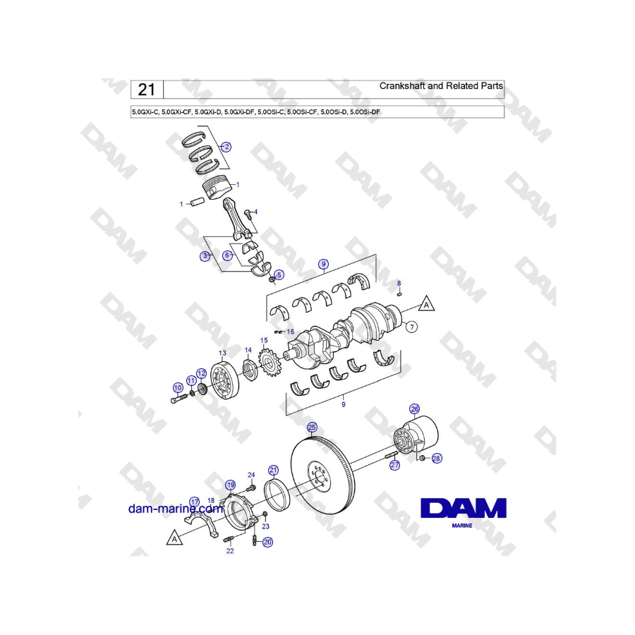 Volvo Penta 5.0GXi-C, 5.0GXi-CF, 5.0GXi-D, 5.0GXi-DF, 5.0OSi-C, 5.0OSi-CF, 5.0OSi-D, 5.0OSi-DF - Crankshaft and Related Parts