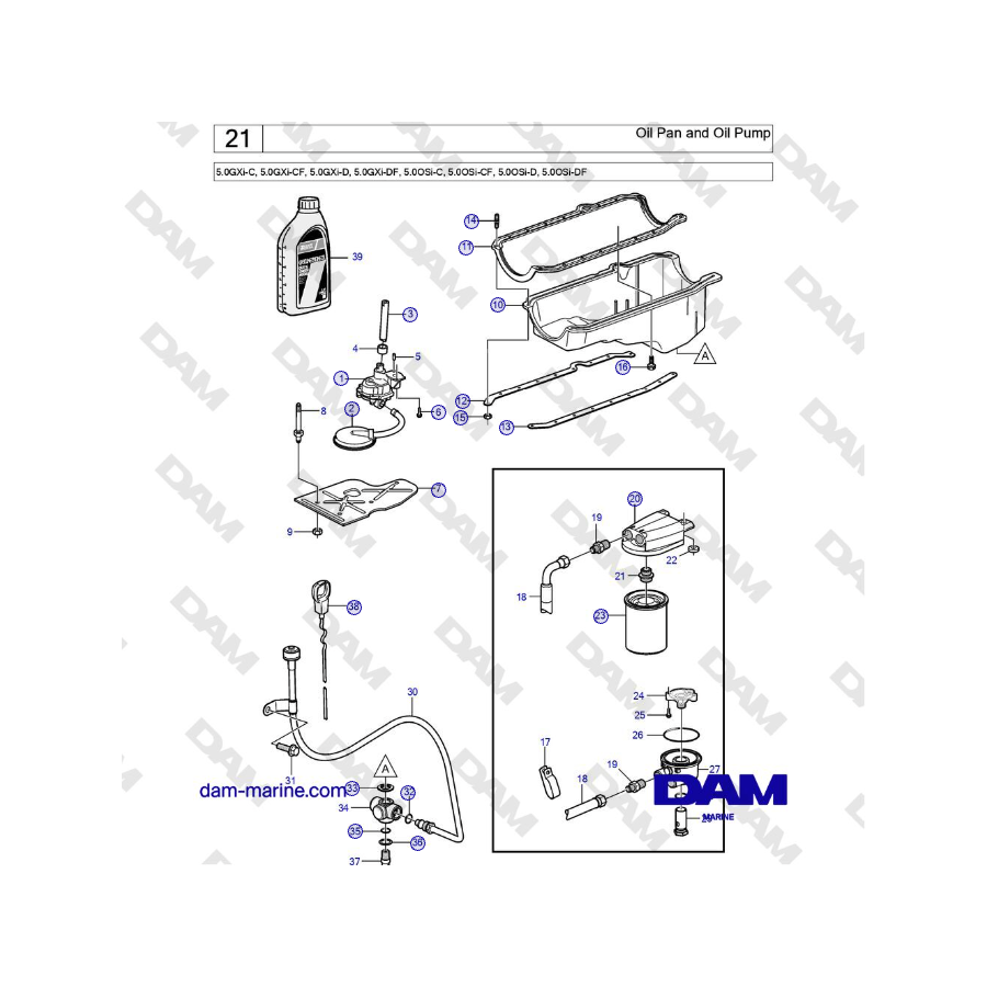 Volvo Penta 5.0GXi-C, 5.0GXi-CF, 5.0GXi-D, 5.0GXi-DF, 5.0OSi-C, 5.0OSi-CF, 5.0OSi-D, 5.0OSi-DF - Cárter de aceite y bomba de ace