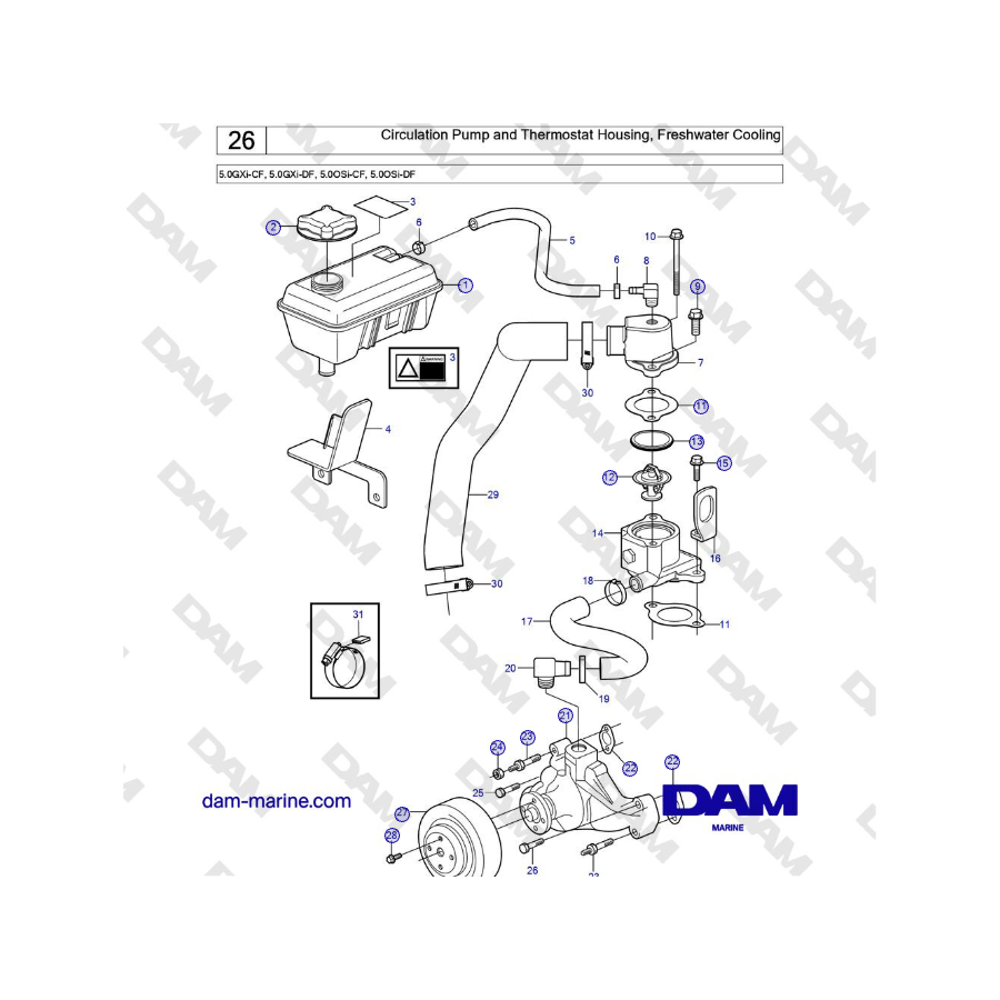 Volvo Penta 5.0GXi-CF, 5.0GXi-DF, 5.0OSi-CF, 5.0OSi-DF - Bomba de circulación y carcasa del termostato, refrigeración por agua d