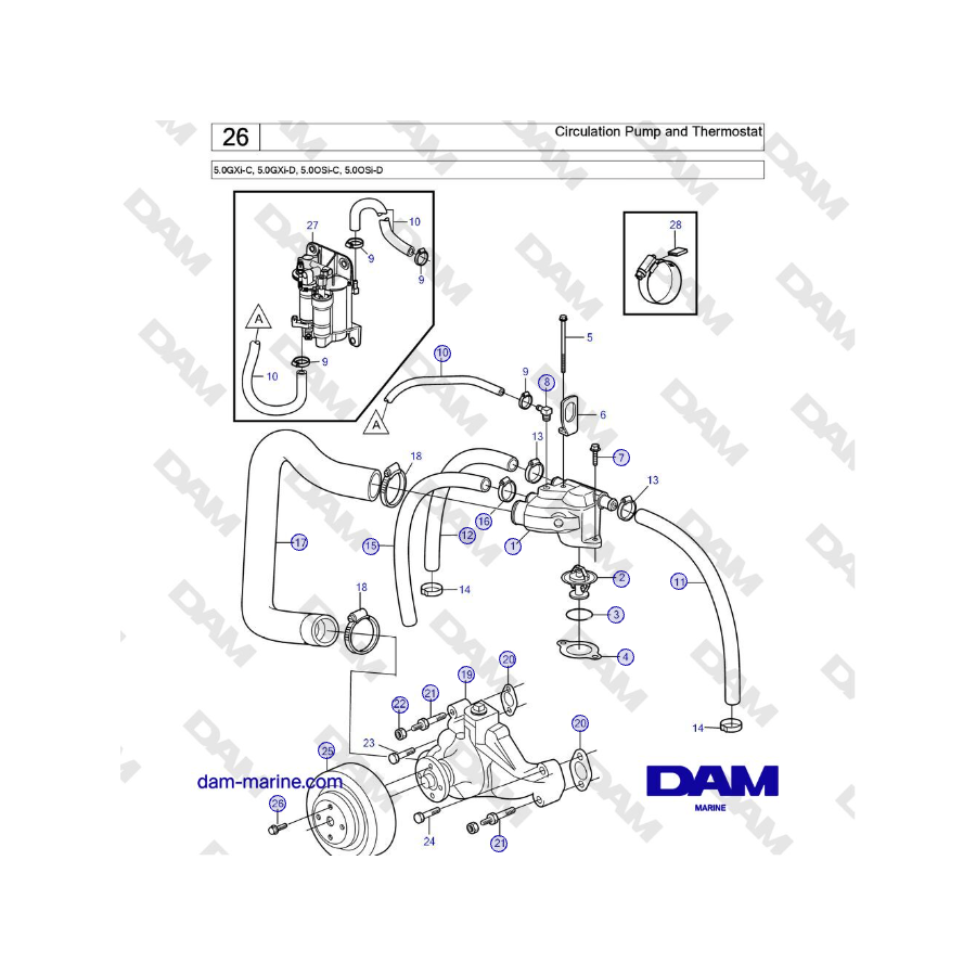 Volvo Penta 5.0GXi-C, 5.0GXi-D, 5.0OSi-C, 5.0OSi-D - Bomba de circulación y termostato