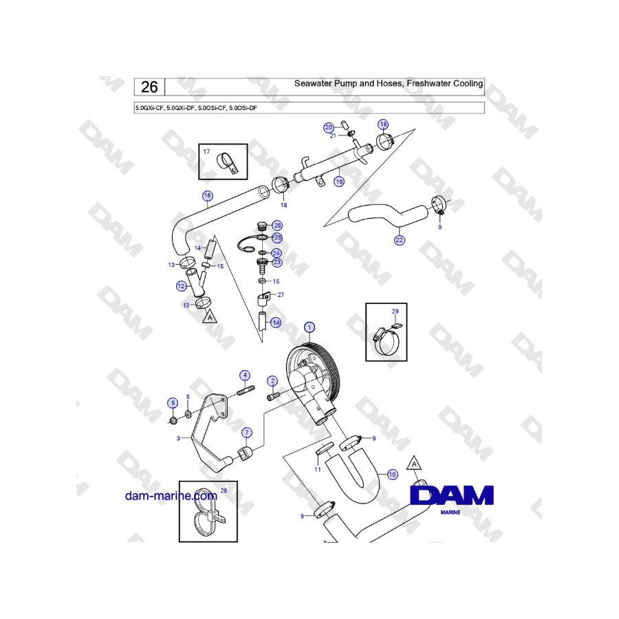 Volvo Penta 5.0GXi-CF, 5.0GXi-DF, 5.0OSi-CF, 5.0OSi-DF - Seawater Pump and Hoses, Freshwater Cooling