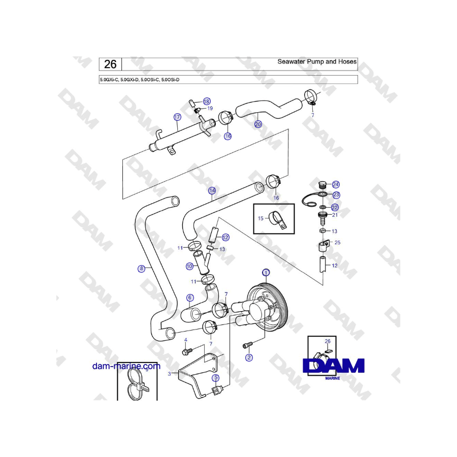 Volvo Penta 5.0GXi-C, 5.0GXi-D, 5.0OSi-C, 5.0OSi-D - Bomba de agua de mar y mangueras