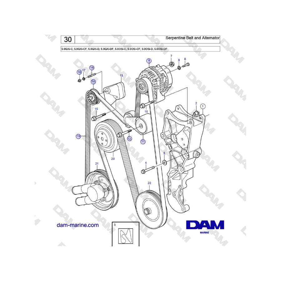 Volvo Penta 5.0GXi-C, 5.0GXi-CF, 5.0GXi-D, 5.0GXi-DF, 5.0OSi-C, 5.0OSi-CF, 5.0OSi-D, 5.0OSi-DF - Serpentine Belt and Alternator