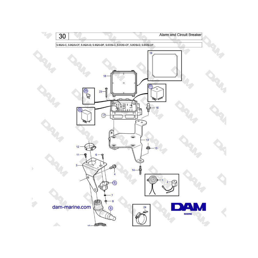 Volvo Penta 5.0GXi-C, 5.0GXi-CF, 5.0GXi-D, 5.0GXi-DF, 5.0OSi-C, 5.0OSi-CF, 5.0OSi-D, 5.0OSi-DF - Alarma y disyuntor