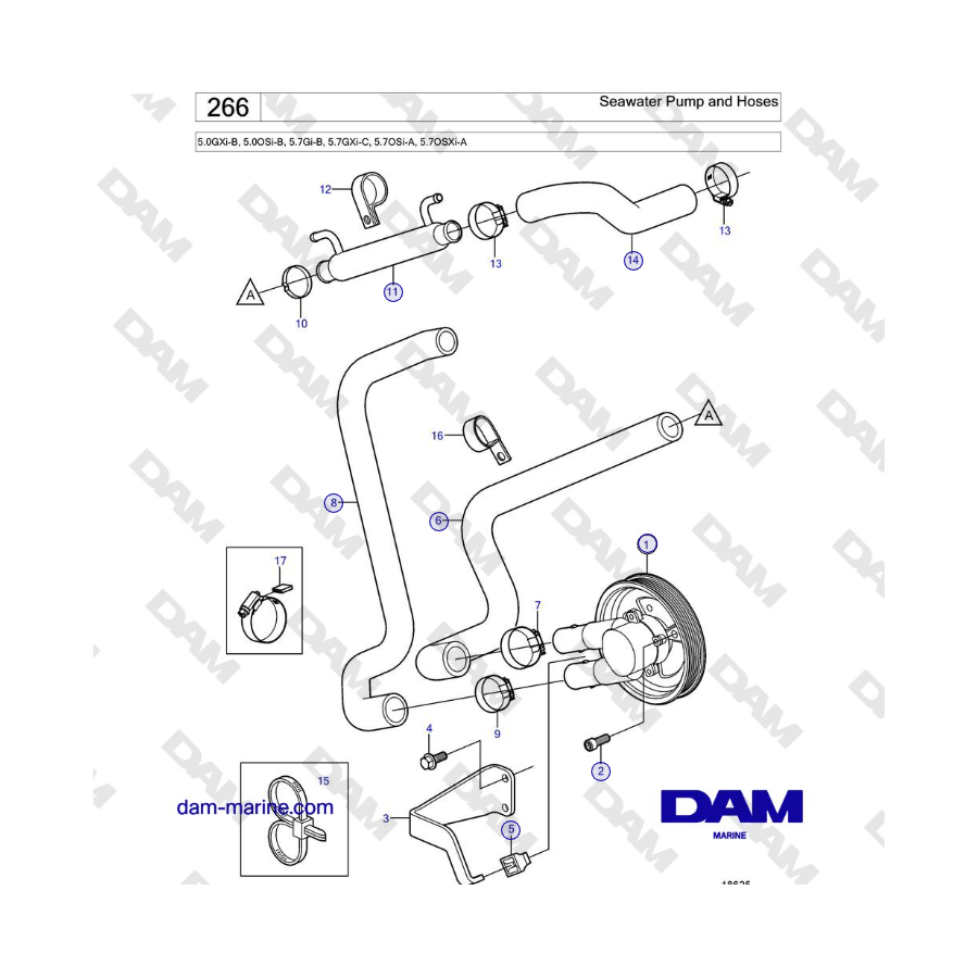 Volvo Penta 5.0L GXI-B / 5.7L GI-B / 5.7L GXI-C - Bomba de agua de mar y mangueras