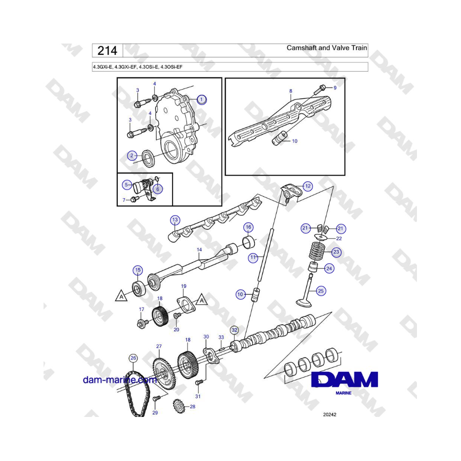 Volvo Penta 4.3L GXI-E / 4.3L GXI-EF - Árbol de levas y tren de válvulas