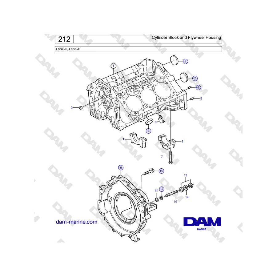 Volvo Penta 4.3GXi-F, 4.3OSi-F - Bloque de cilindros y carcasa del volante