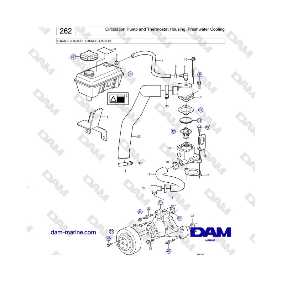 Volvo Penta 4.3L GXI-E / 4.3L GXI-EF - Circulation Pump and Thermostat Housing, Freshwater Cooling 